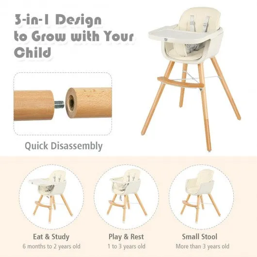 3 in 1 Convertible Wooden High Chair with Cushion-Beige