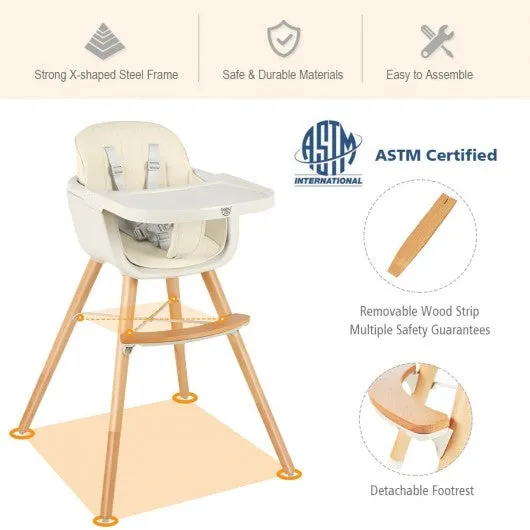 3 in 1 Convertible Wooden High Chair with Cushion-Beige