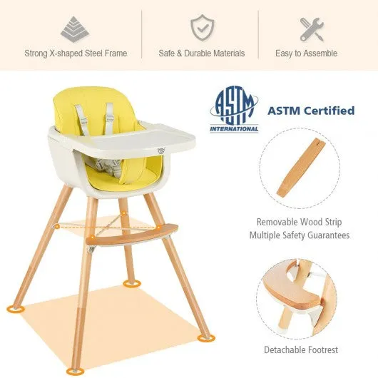 3 in 1 Convertible Wooden High Chair with Cushion-Yellow