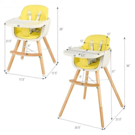 3 in 1 Convertible Wooden High Chair with Cushion-Yellow