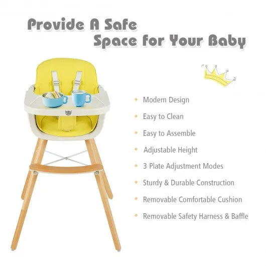 3 in 1 Convertible Wooden High Chair with Cushion-Yellow