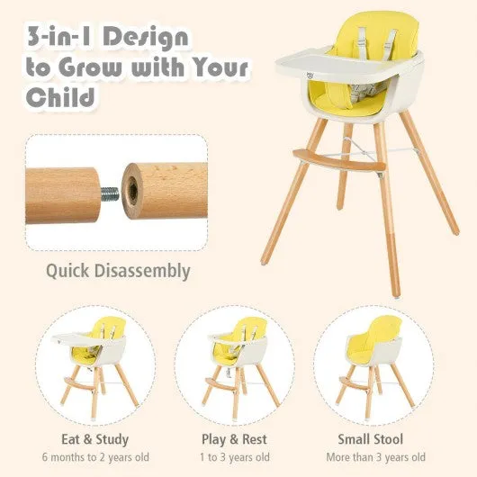 3 in 1 Convertible Wooden High Chair with Cushion-Yellow