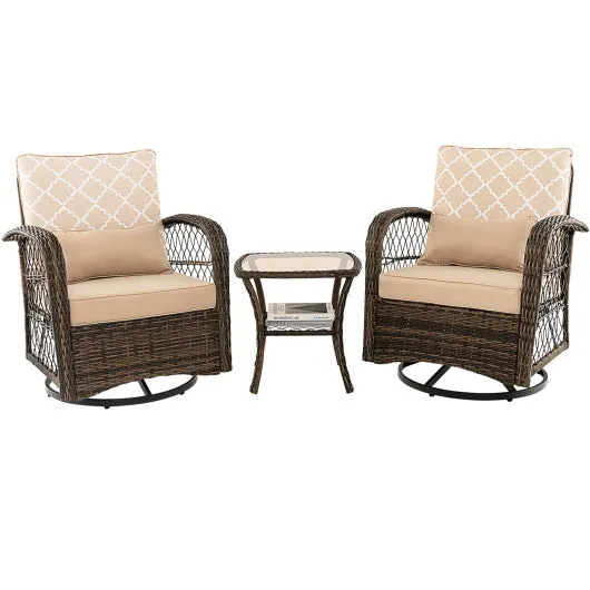 3 Pieces Outdoor Wicker Conversation Set with Tempered Glass Coffee Table-Beige