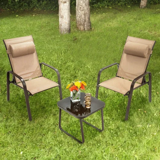 3 Pieces Patio Bistro Furniture Set with Adjustable Backrest-Brown