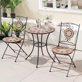 3 Pieces Patio Bistro Set with 1 Round Mosaic Table and 2 Folding Chairs