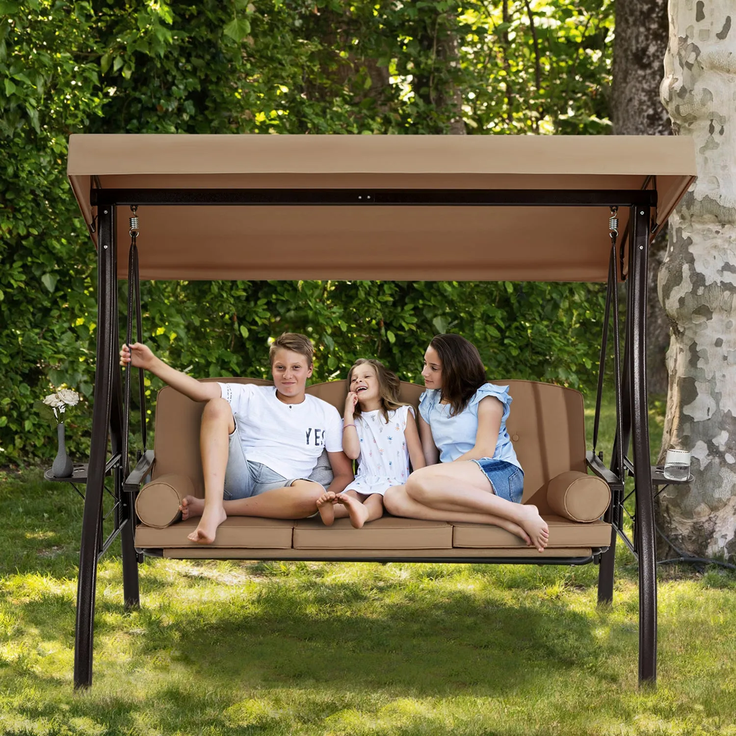 3-Seat Outdoor Porch Swing with Adjustable Canopy and Backrest, Brown