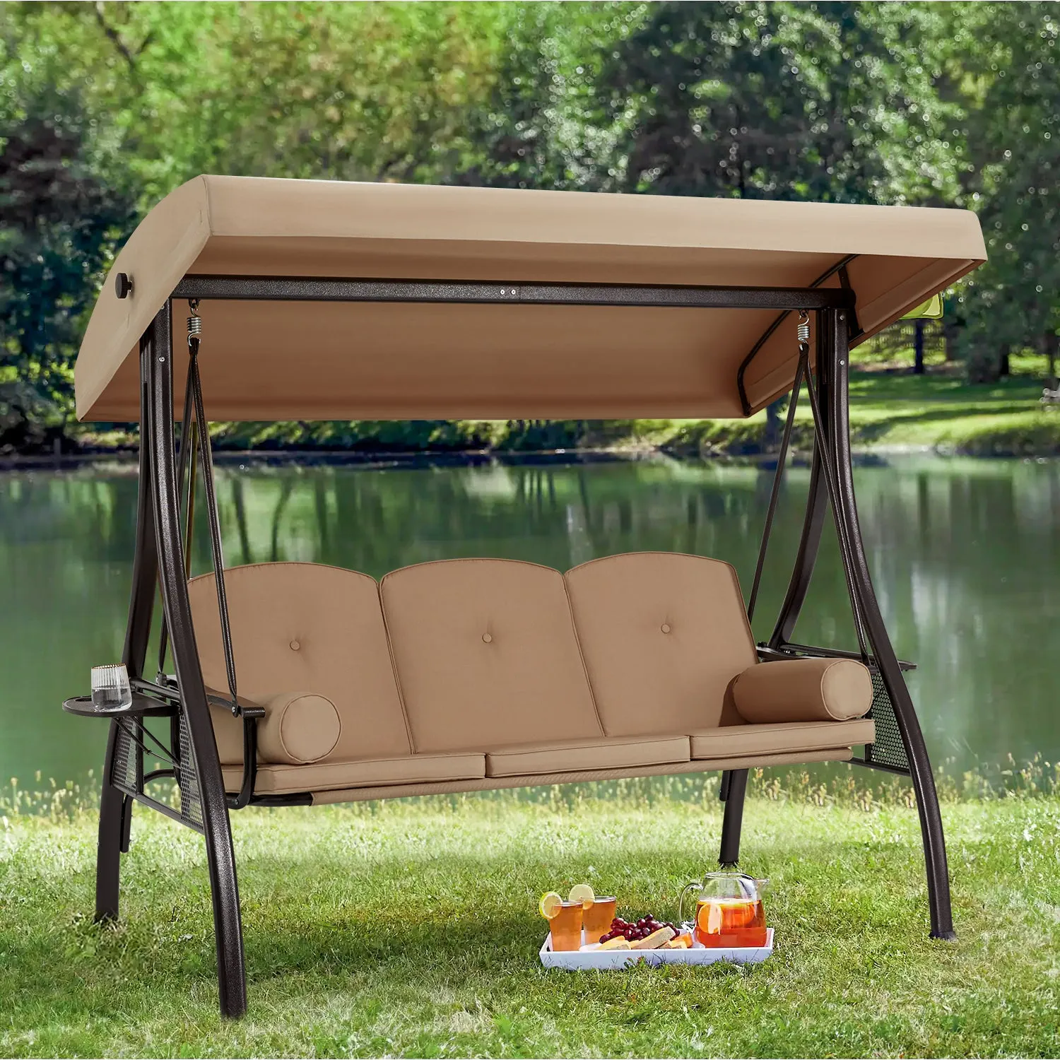 3-Seat Outdoor Porch Swing with Adjustable Canopy and Backrest, Brown