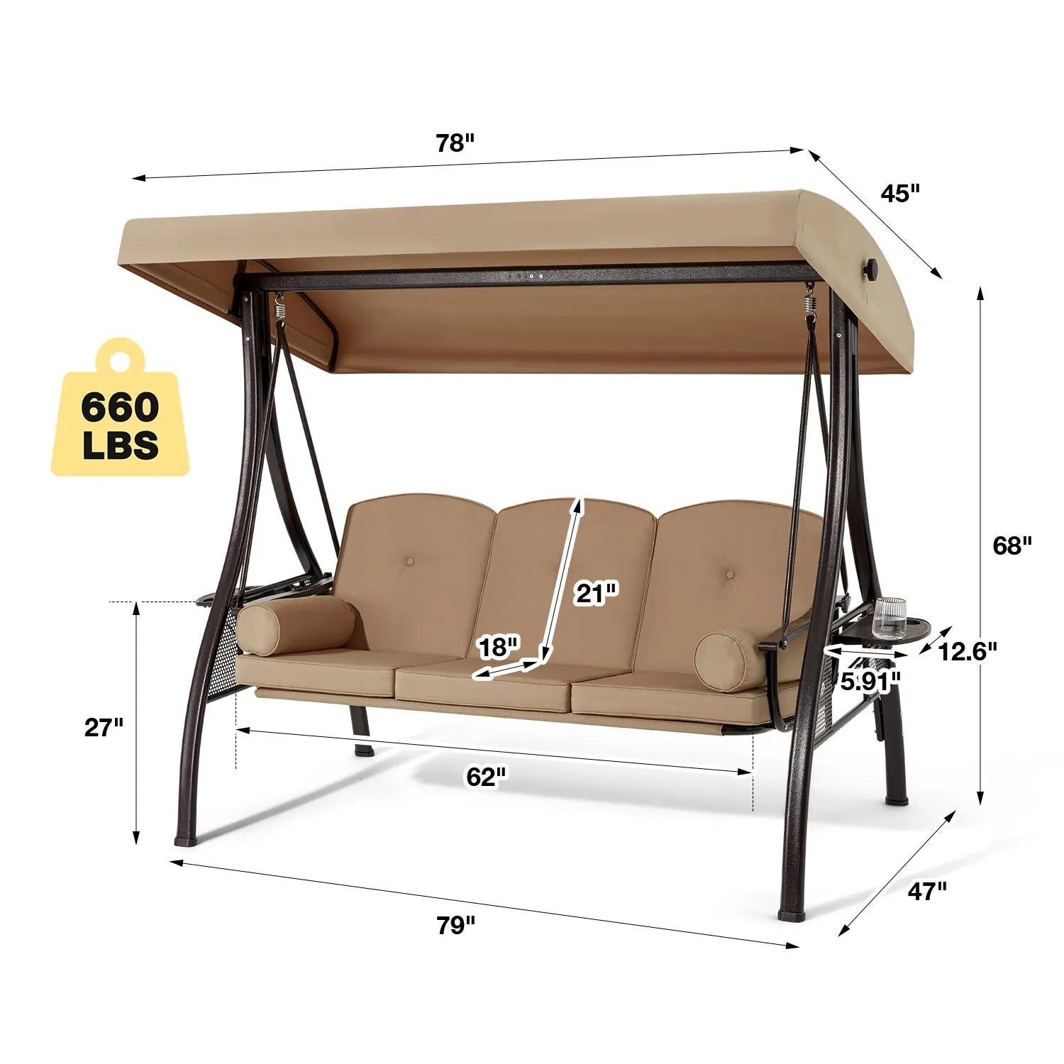 3-Seat Outdoor Porch Swing with Adjustable Canopy and Backrest, Brown