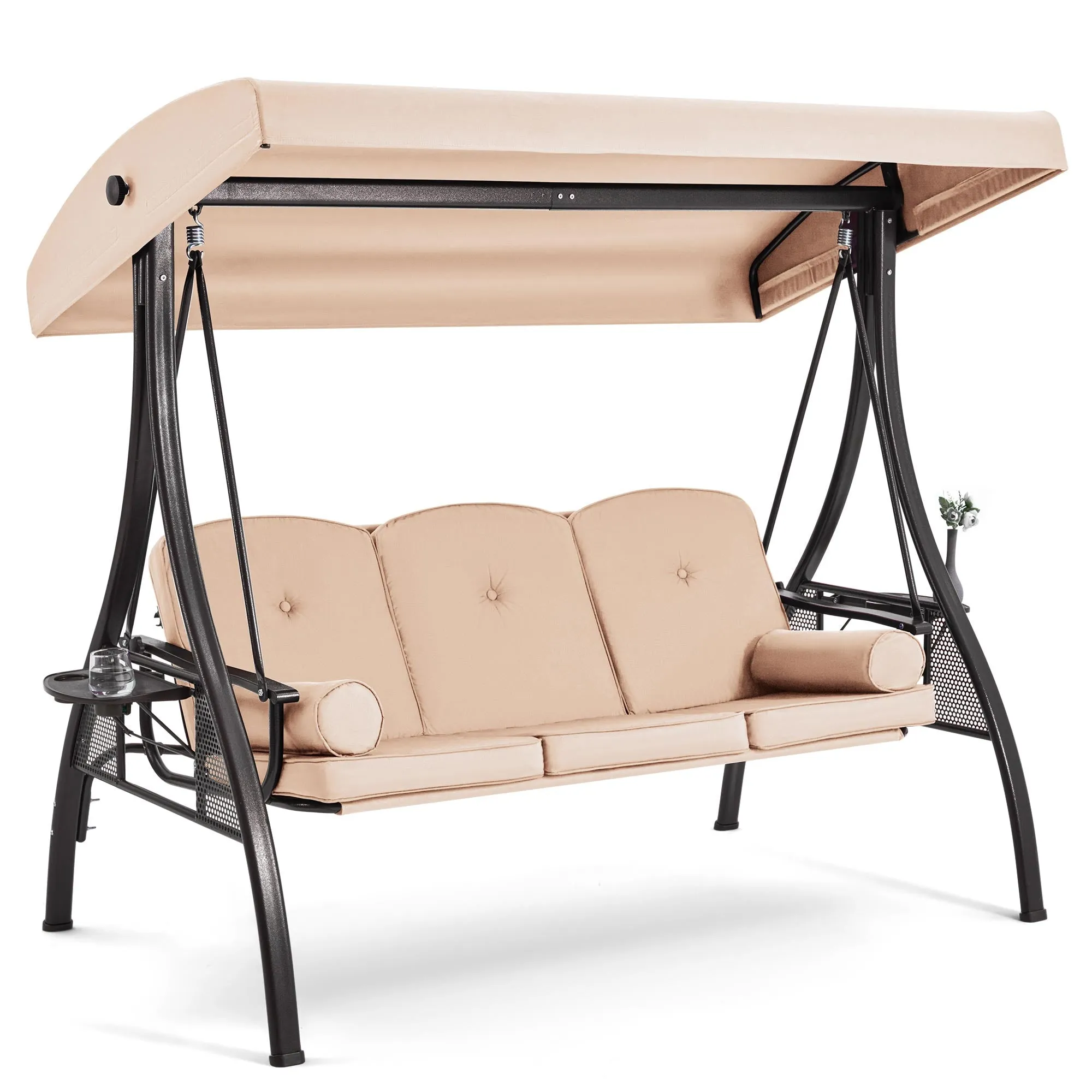 3-Seat Outdoor Porch Swing with Adjustable Canopy and Backrest, Khaki