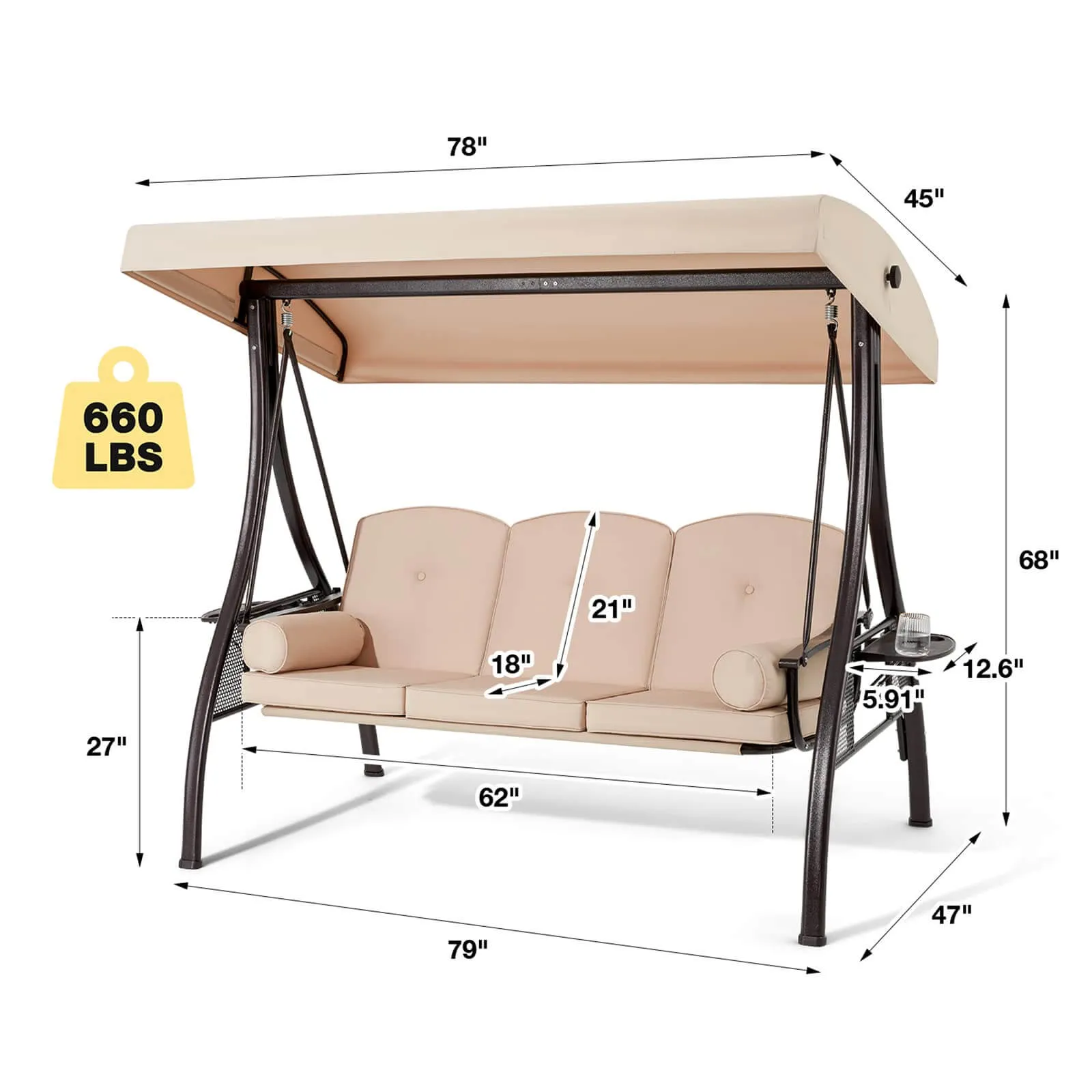 3-Seat Outdoor Porch Swing with Adjustable Canopy and Backrest, Khaki