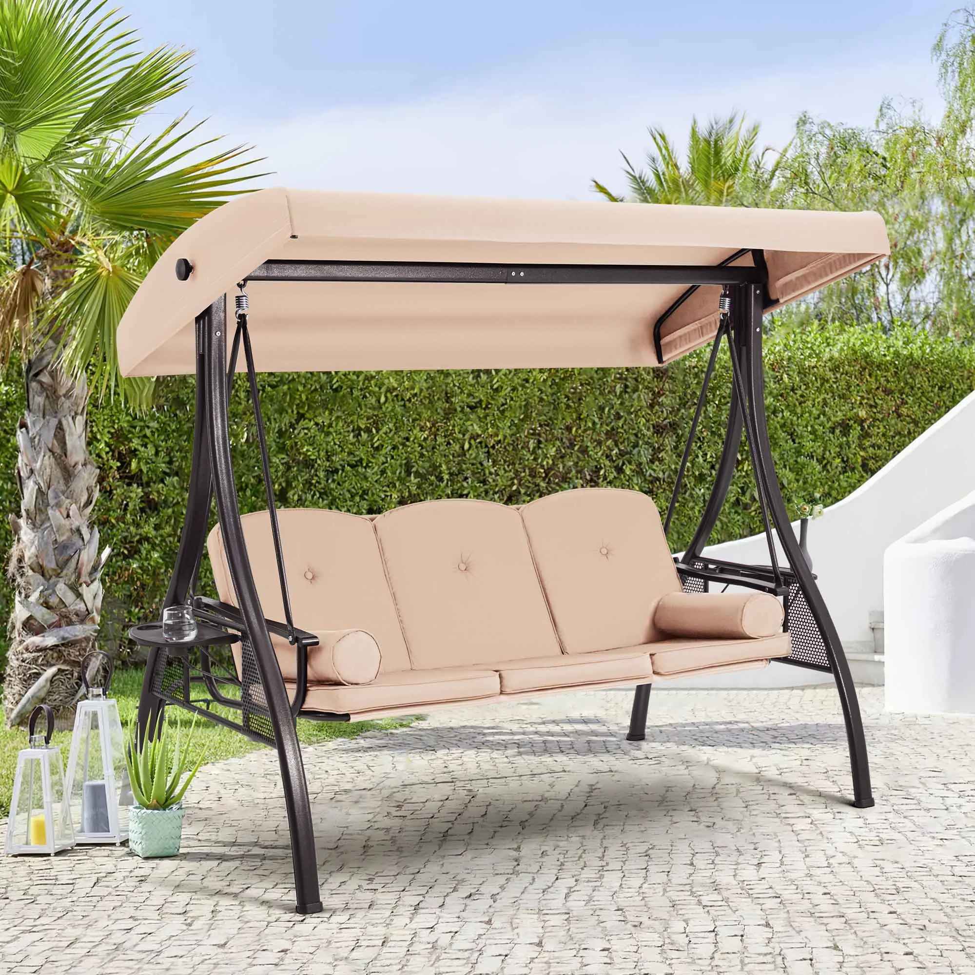 3-Seat Outdoor Porch Swing with Adjustable Canopy and Backrest, Khaki