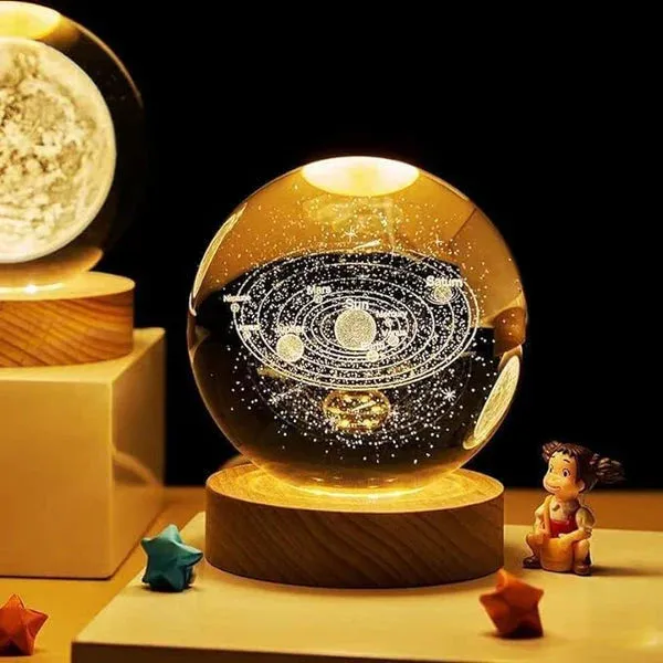 3D Crystal Solar System Warm Led with Wood Base