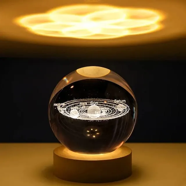 3D Crystal Solar System Warm Led with Wood Base