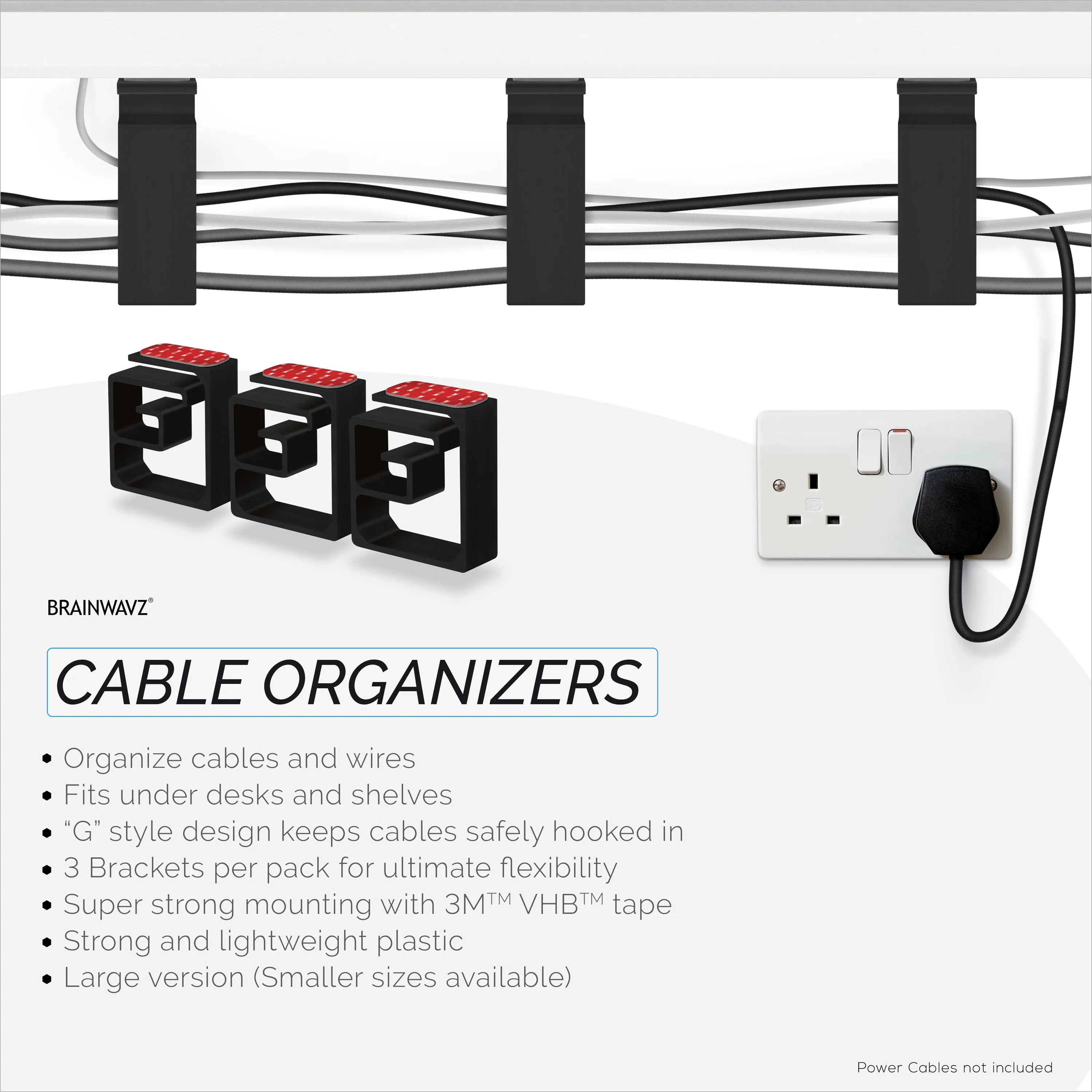 3pc VHB Cable Organizer Holder, For Heavy Cables, PC Cords & Wires with Strong Adhesive, Under Desk Mount Management System - XL