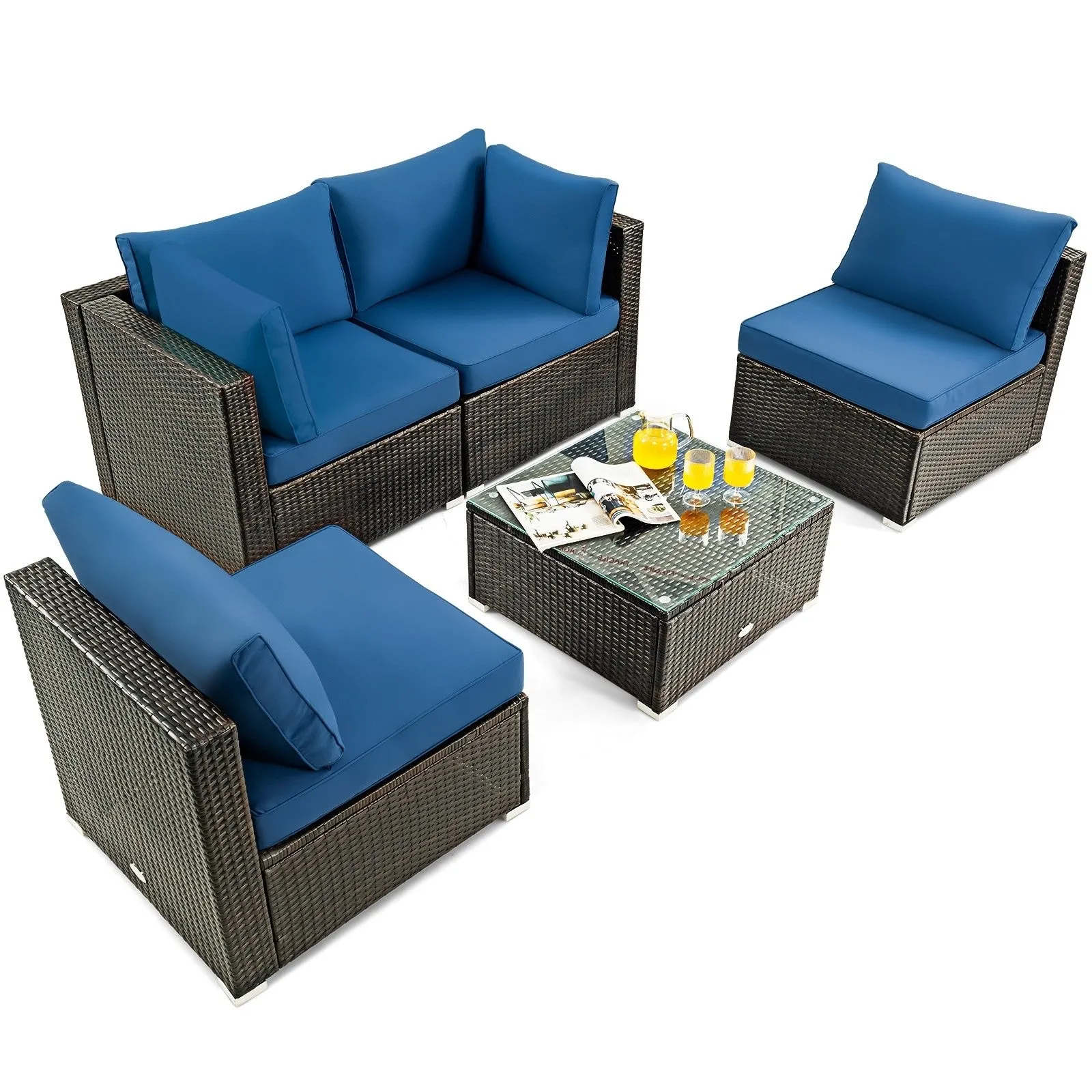 5pc Wicker Rattan Cushioned Patio Furniture Set - Navy