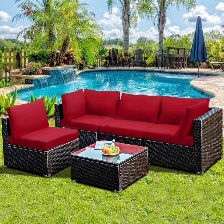 5pc Wicker Rattan Cushioned Patio Furniture Set - Red