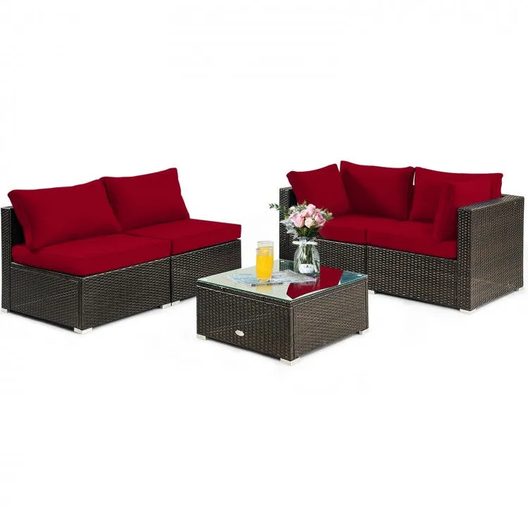 5pc Wicker Rattan Cushioned Patio Furniture Set - Red