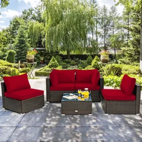 5pc Wicker Rattan Cushioned Patio Furniture Set - Red