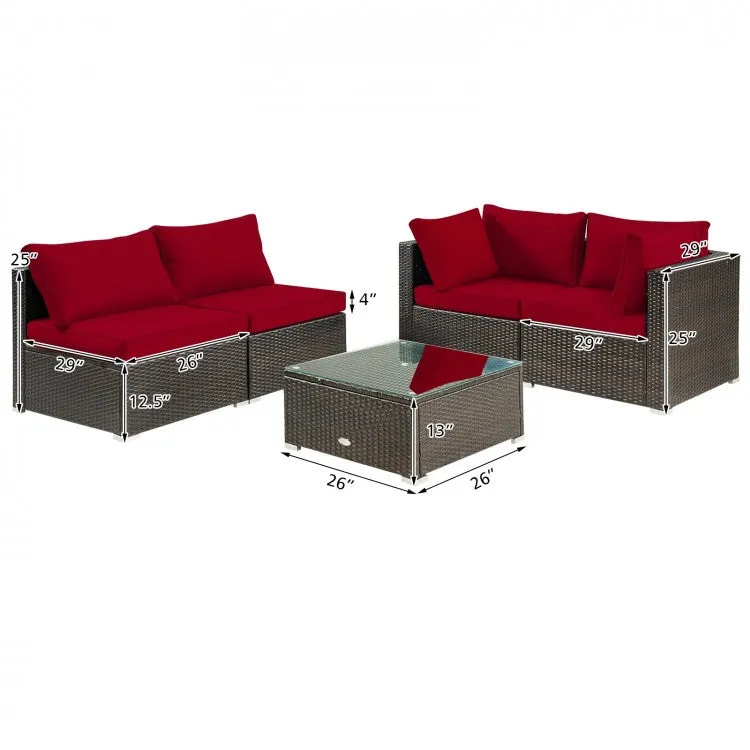 5pc Wicker Rattan Cushioned Patio Furniture Set - Red