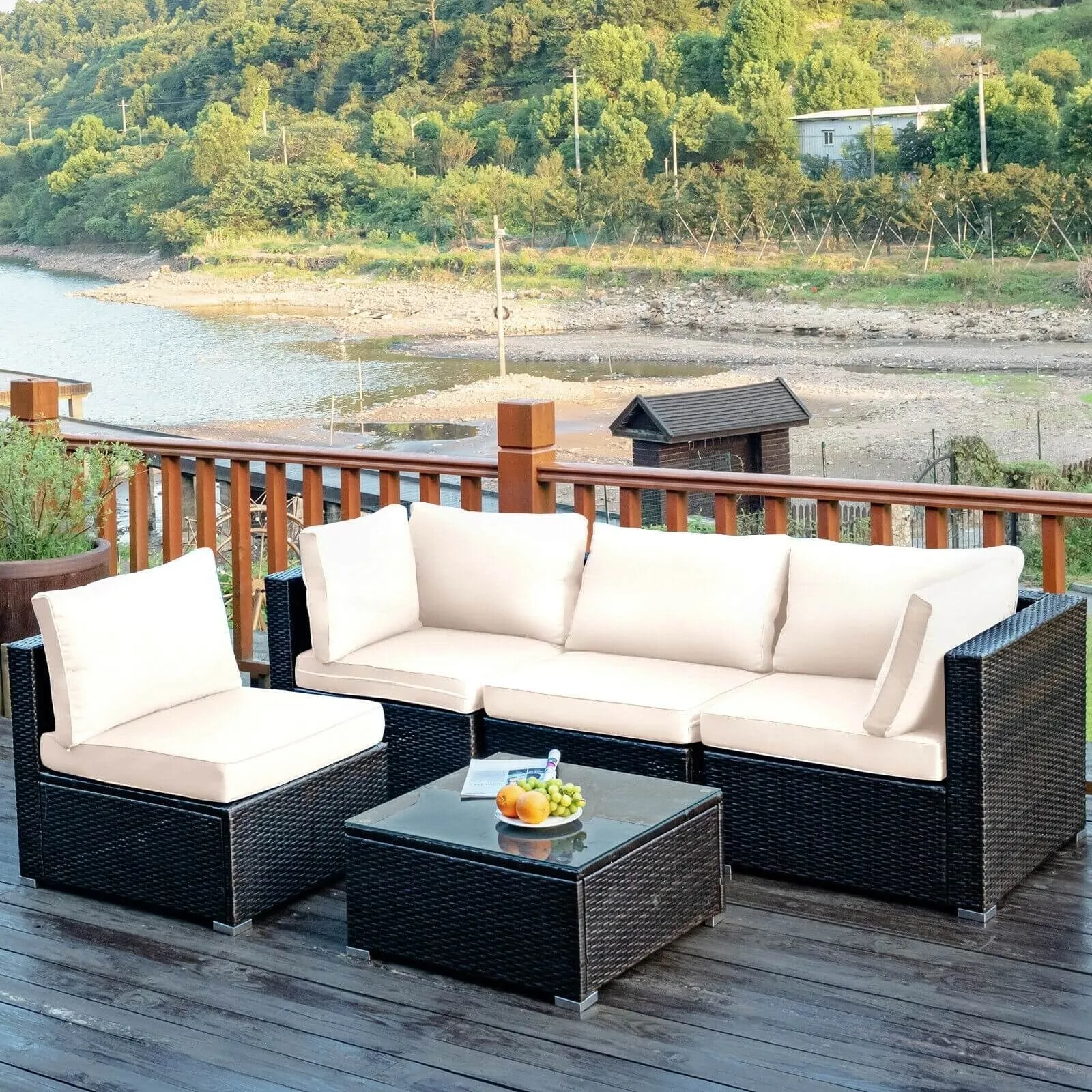 5pc Wicker Rattan Cushioned Patio Furniture Set - White