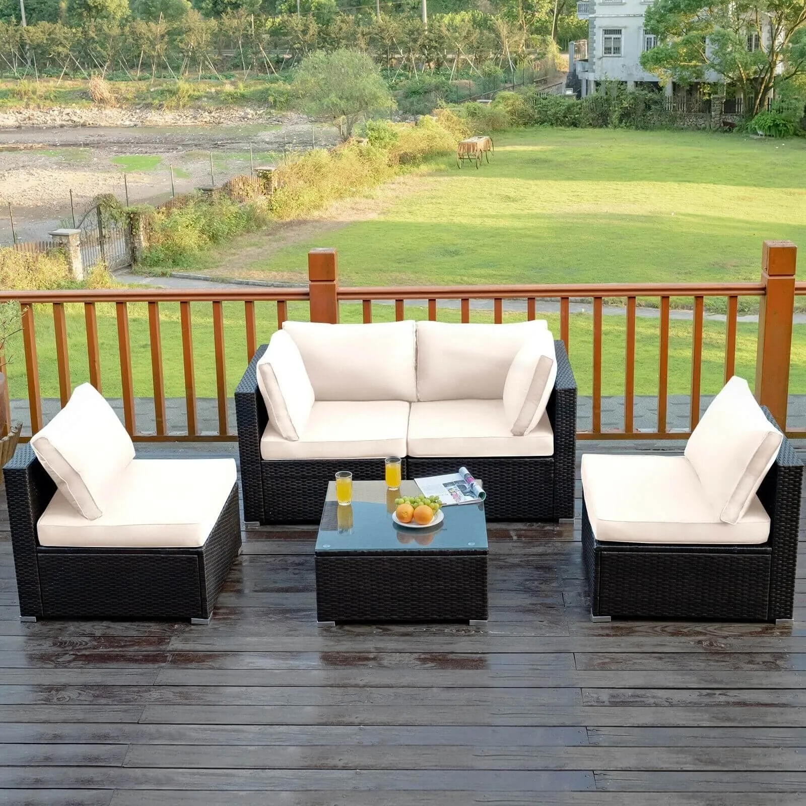 5pc Wicker Rattan Cushioned Patio Furniture Set - White