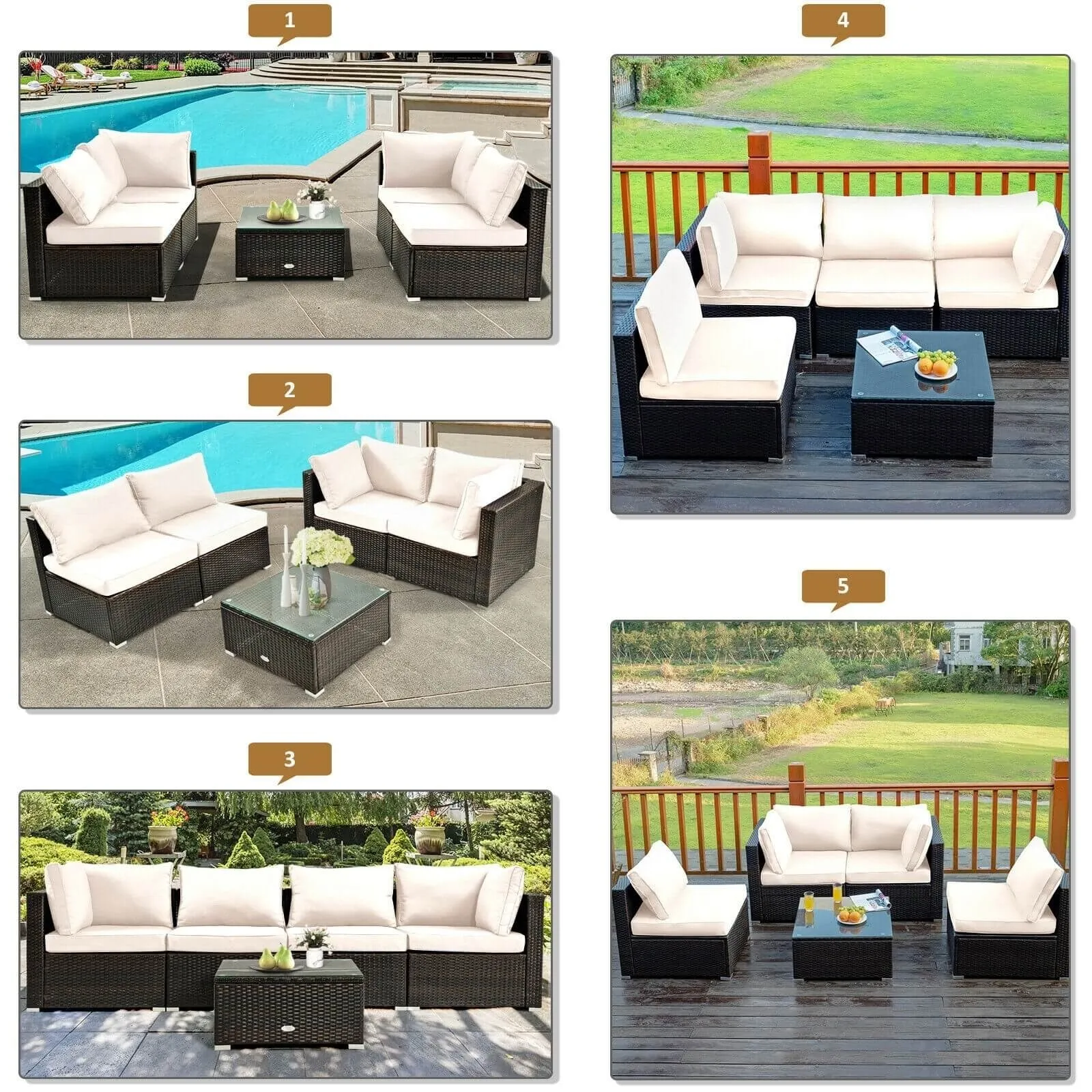 5pc Wicker Rattan Cushioned Patio Furniture Set - White