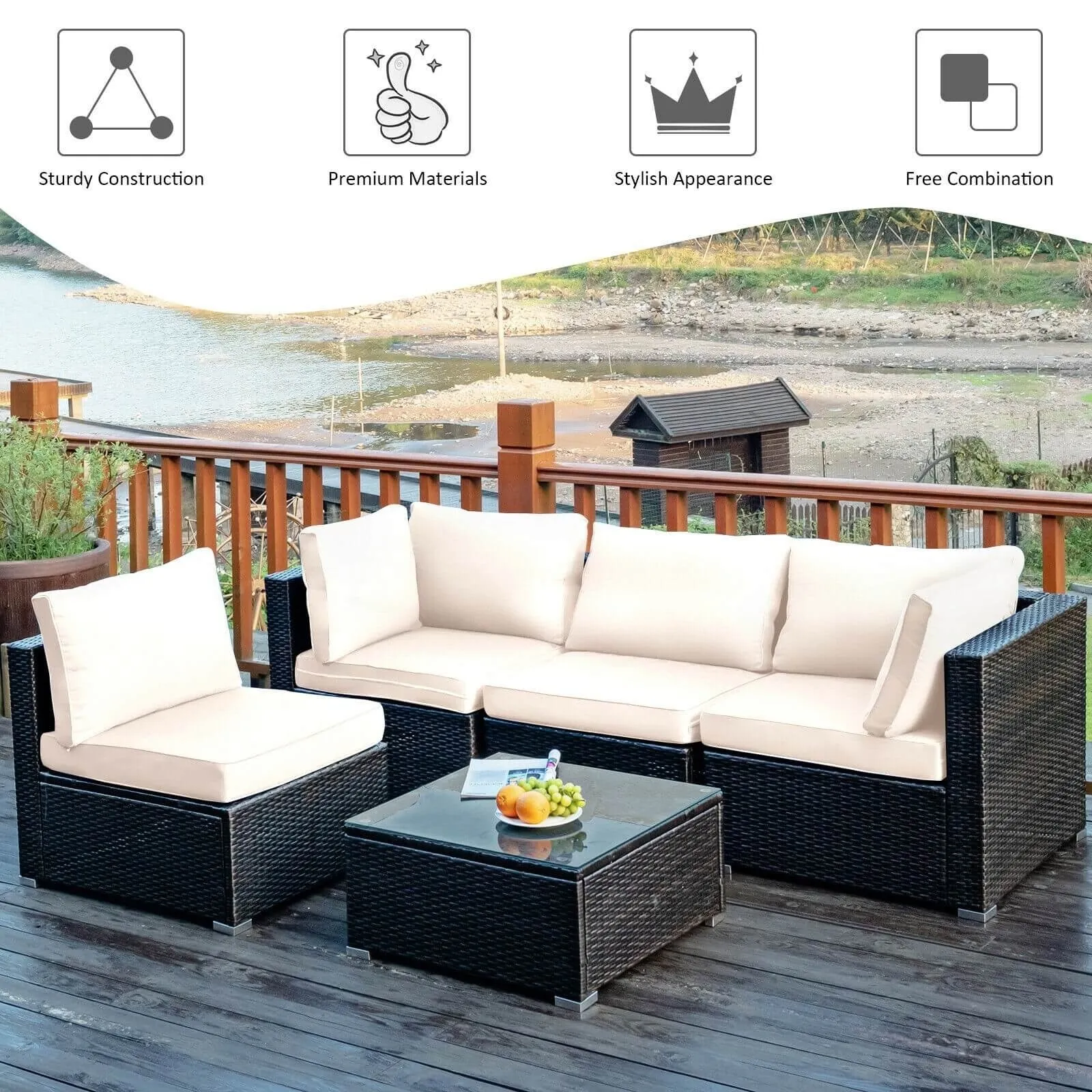 5pc Wicker Rattan Cushioned Patio Furniture Set - White