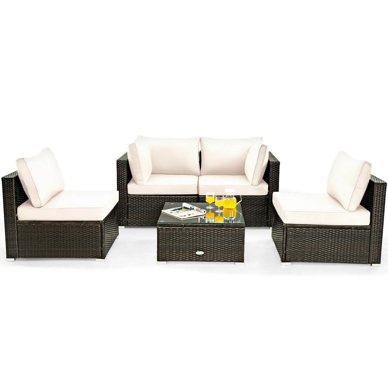 5pc Wicker Rattan Cushioned Patio Furniture Set - White