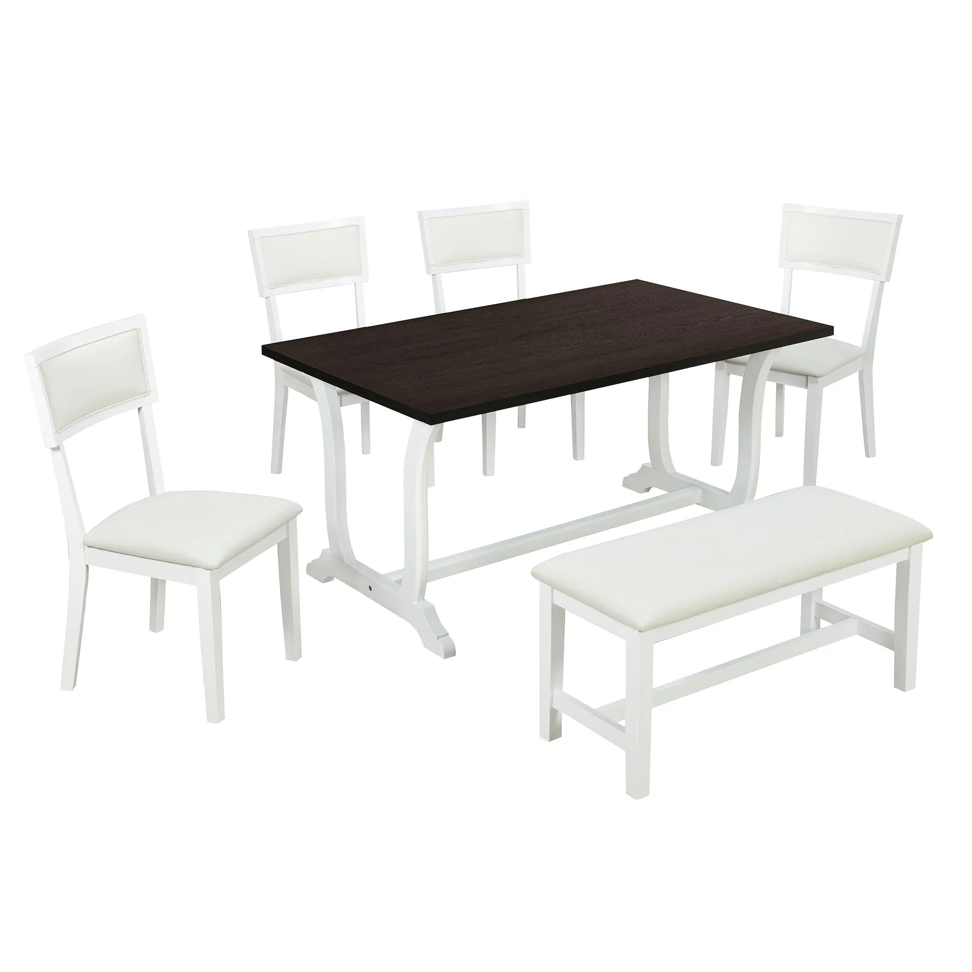 6-Piece Farmhouse Dining Set, 59" Trestle Table, Upholstered Chairs & Bench, White