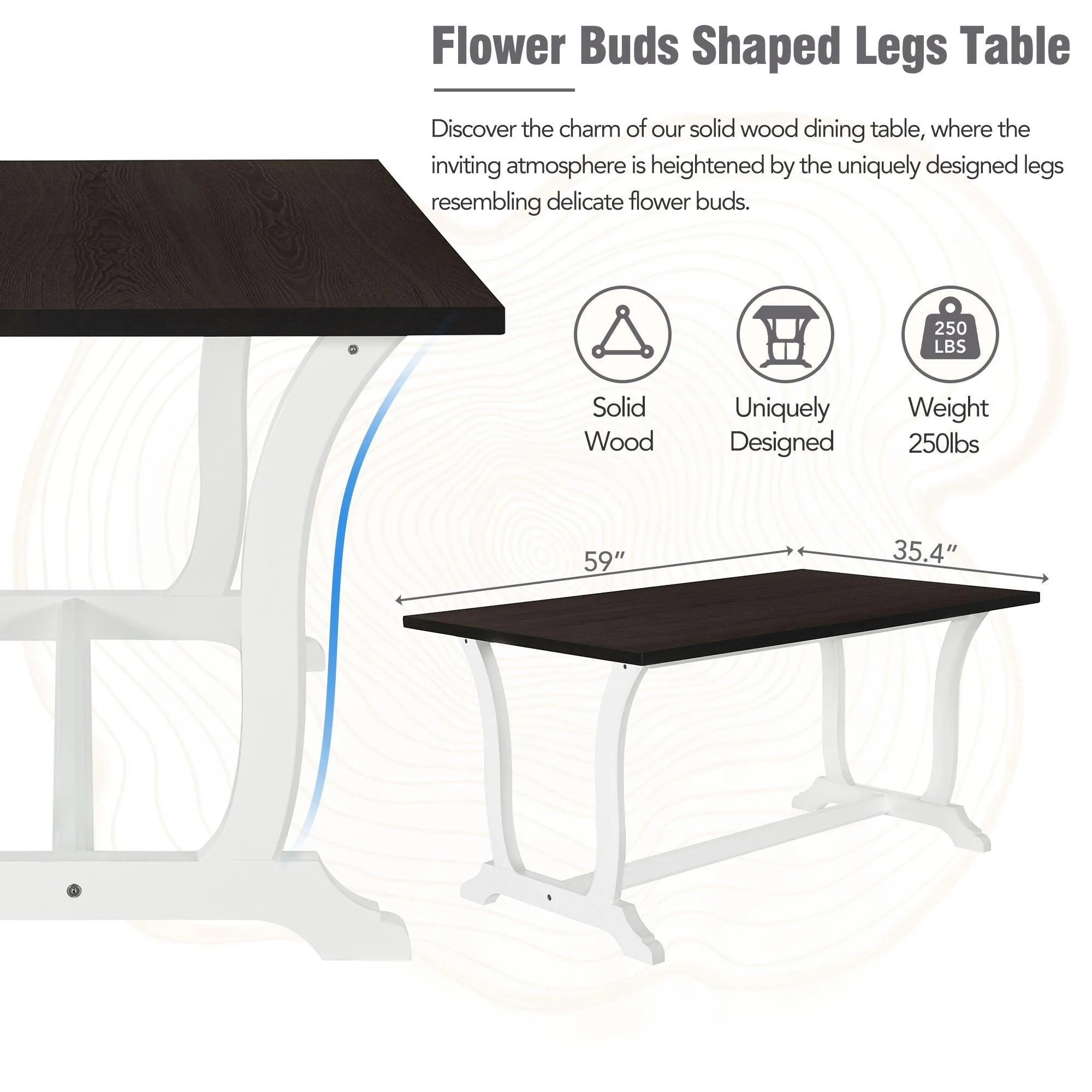 6-Piece Farmhouse Dining Set, 59" Trestle Table, Upholstered Chairs & Bench, White