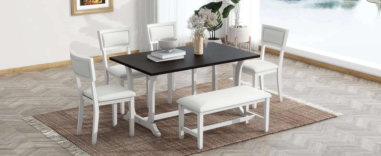 6-Piece Farmhouse Dining Set, 59" Trestle Table, Upholstered Chairs & Bench, White