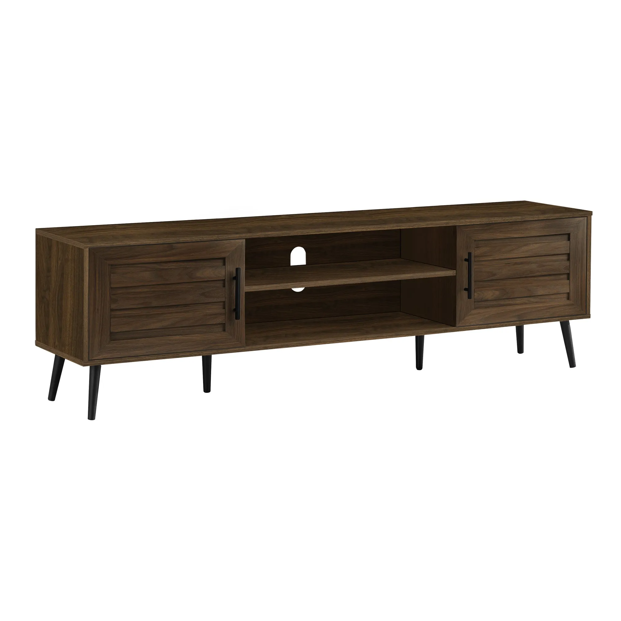 72" TV Stand Console: Brown Laminate, Black Wood Legs. Transitional design.