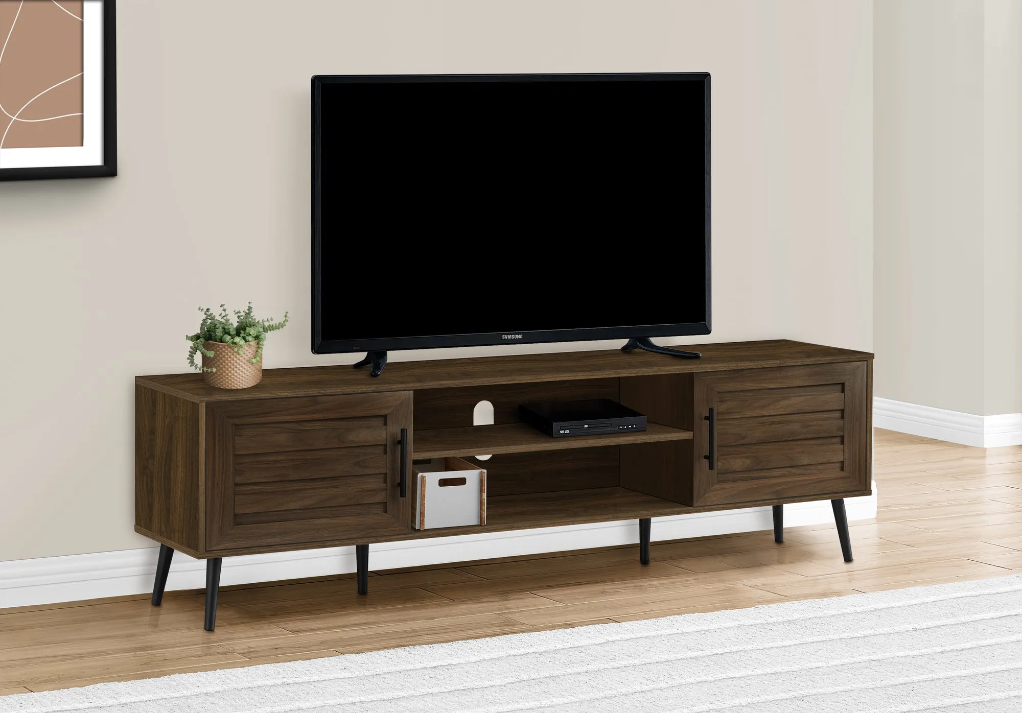 72" TV Stand Console: Brown Laminate, Black Wood Legs. Transitional design.