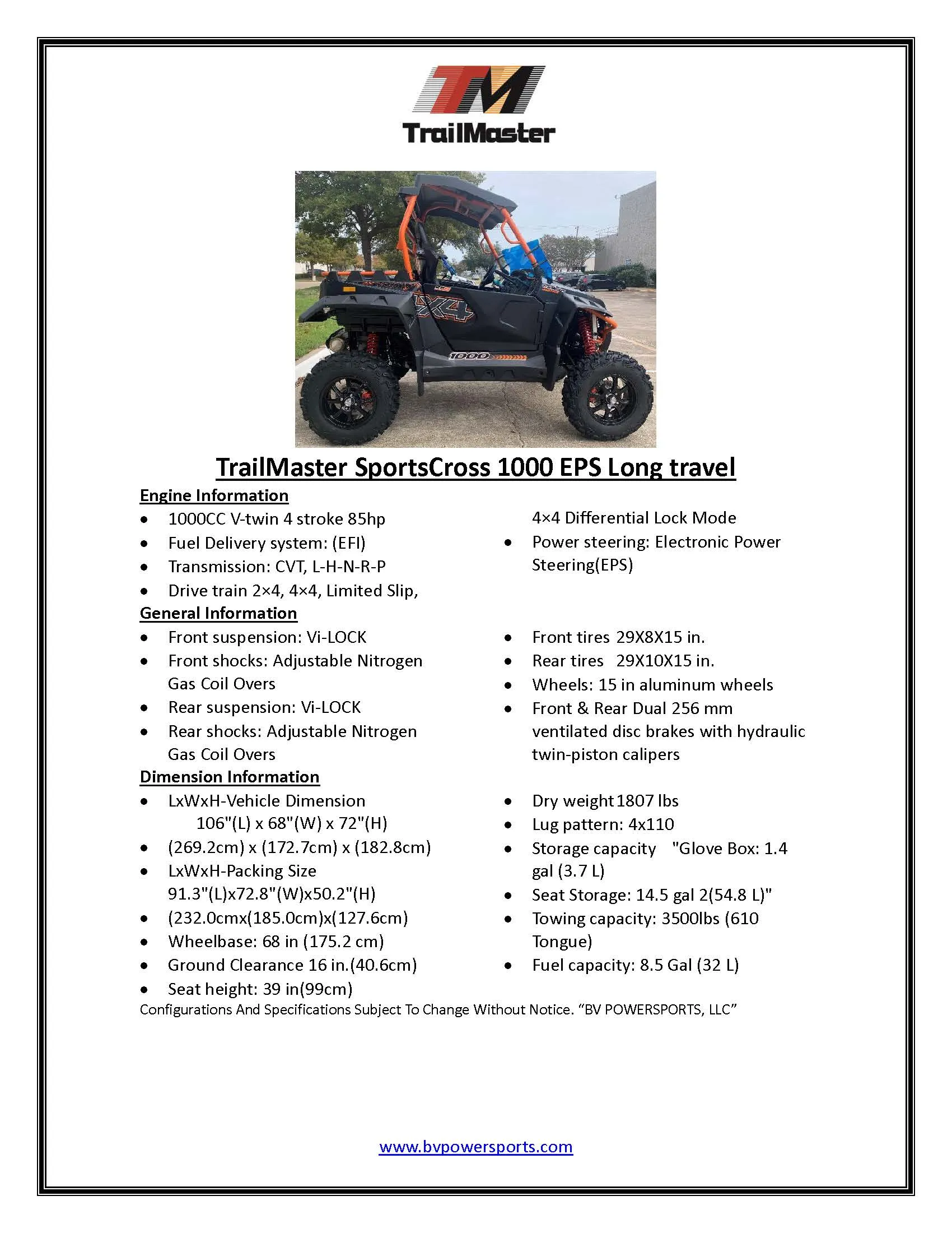 Assembled Trailmaster Sports Cross 1000cc 4X4, Vi LOCK Fully Independent Suspension, Power Steering. Fully Assembled and Ship via car carrier to your door