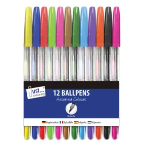 Ballpoint Pens - 12 Pack Assorted Bright Colours Medium Tip Writing Drawing Stationery