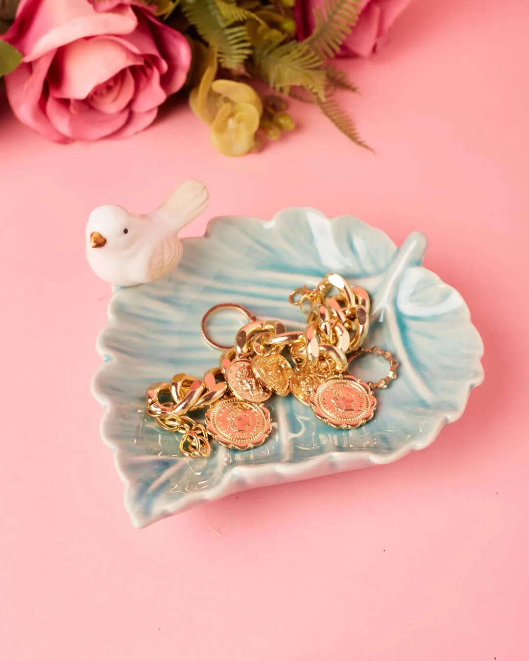 Bird on Leaf Ring Dish - Blue