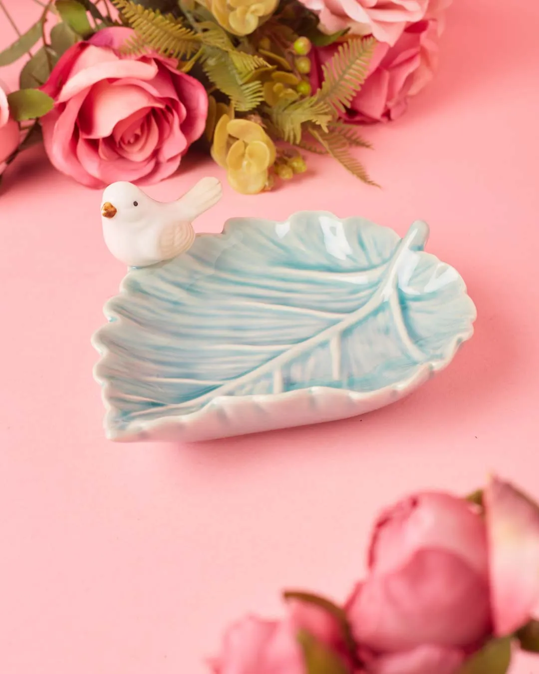 Bird on Leaf Ring Dish - Blue