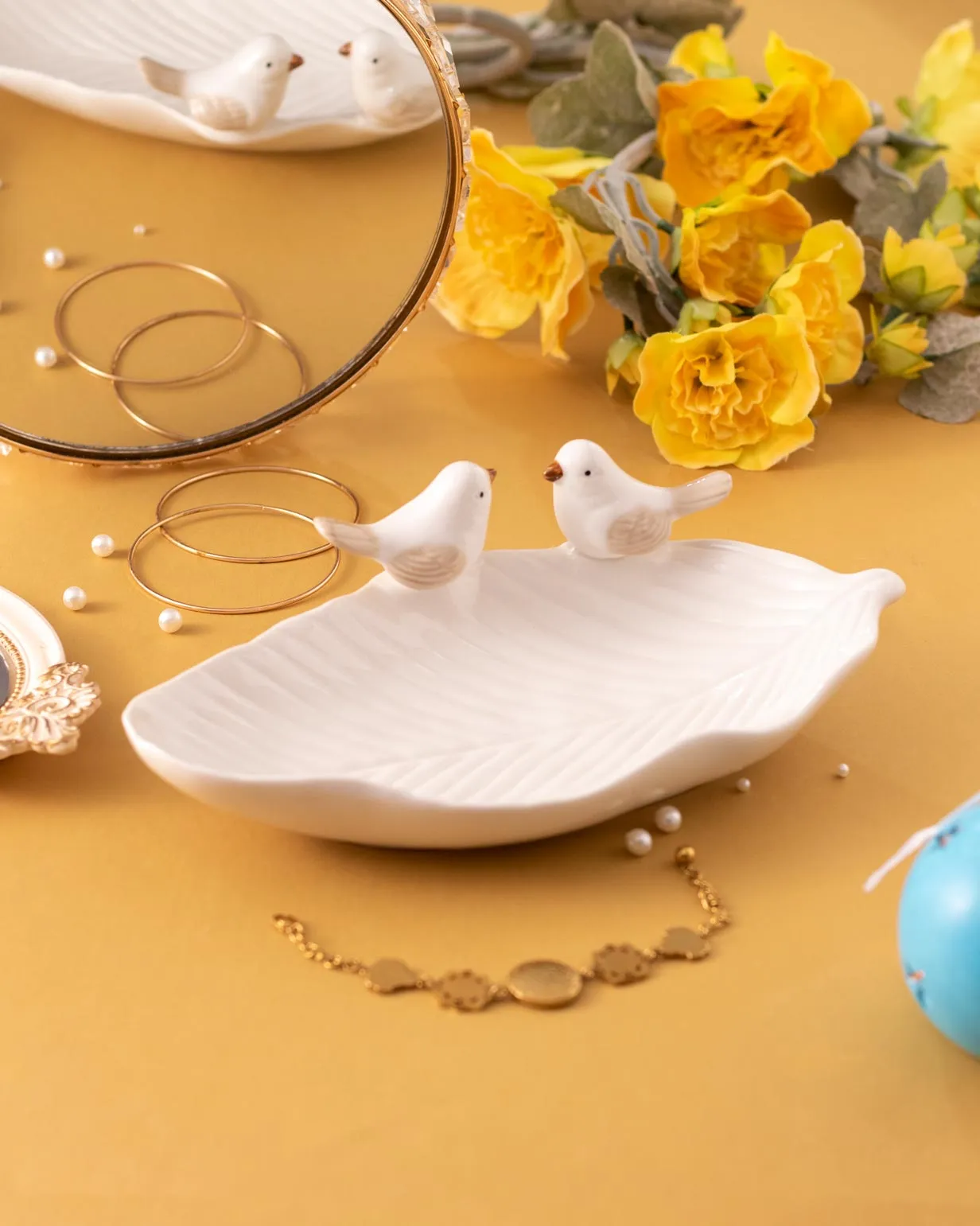 Bird on Leaf Ring Dish - White Large