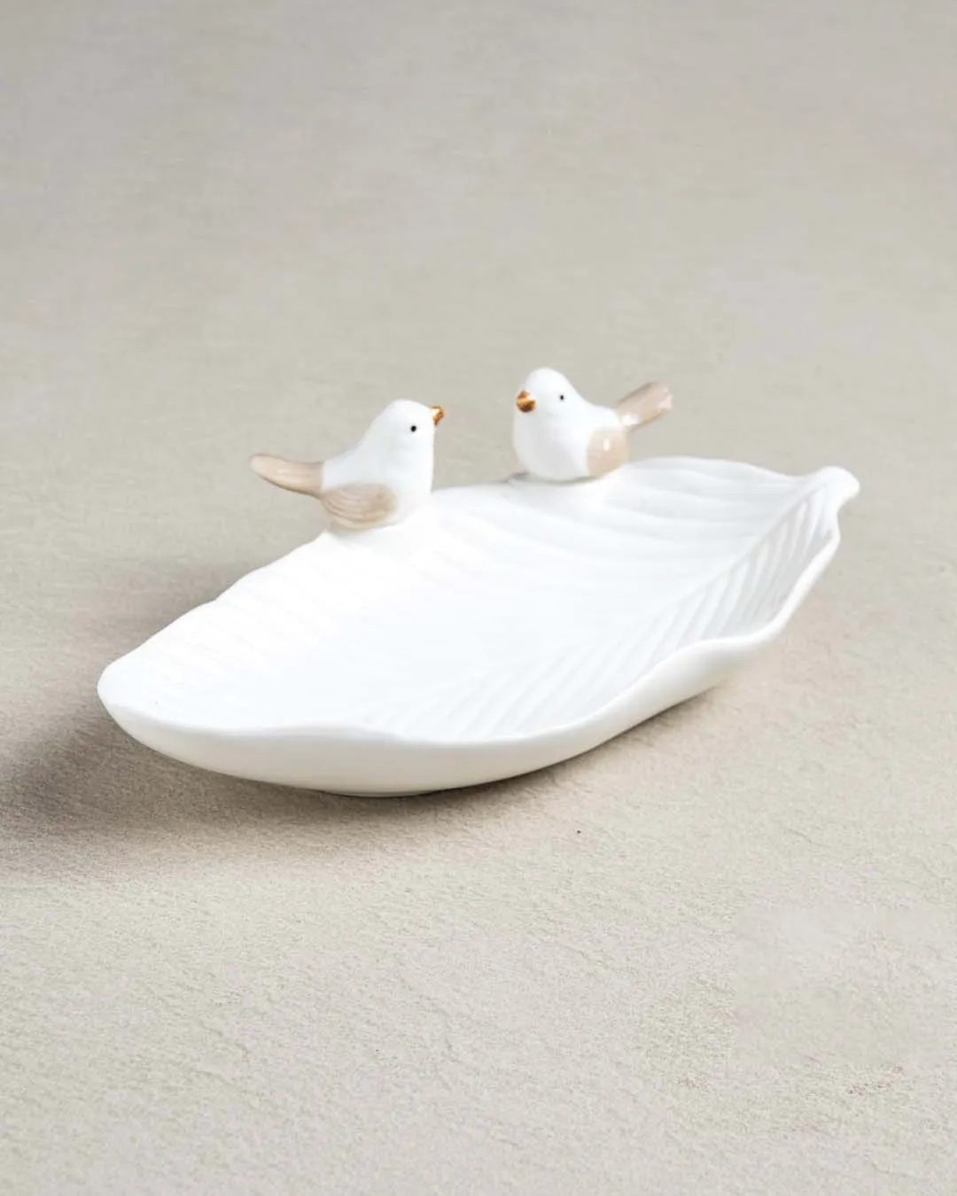 Bird on Leaf Ring Dish - White Large