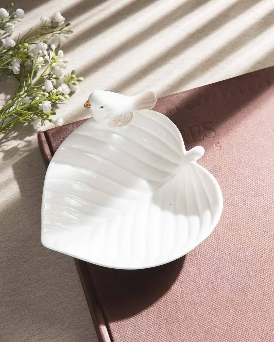 Bird on Leaf Ring Dish - White