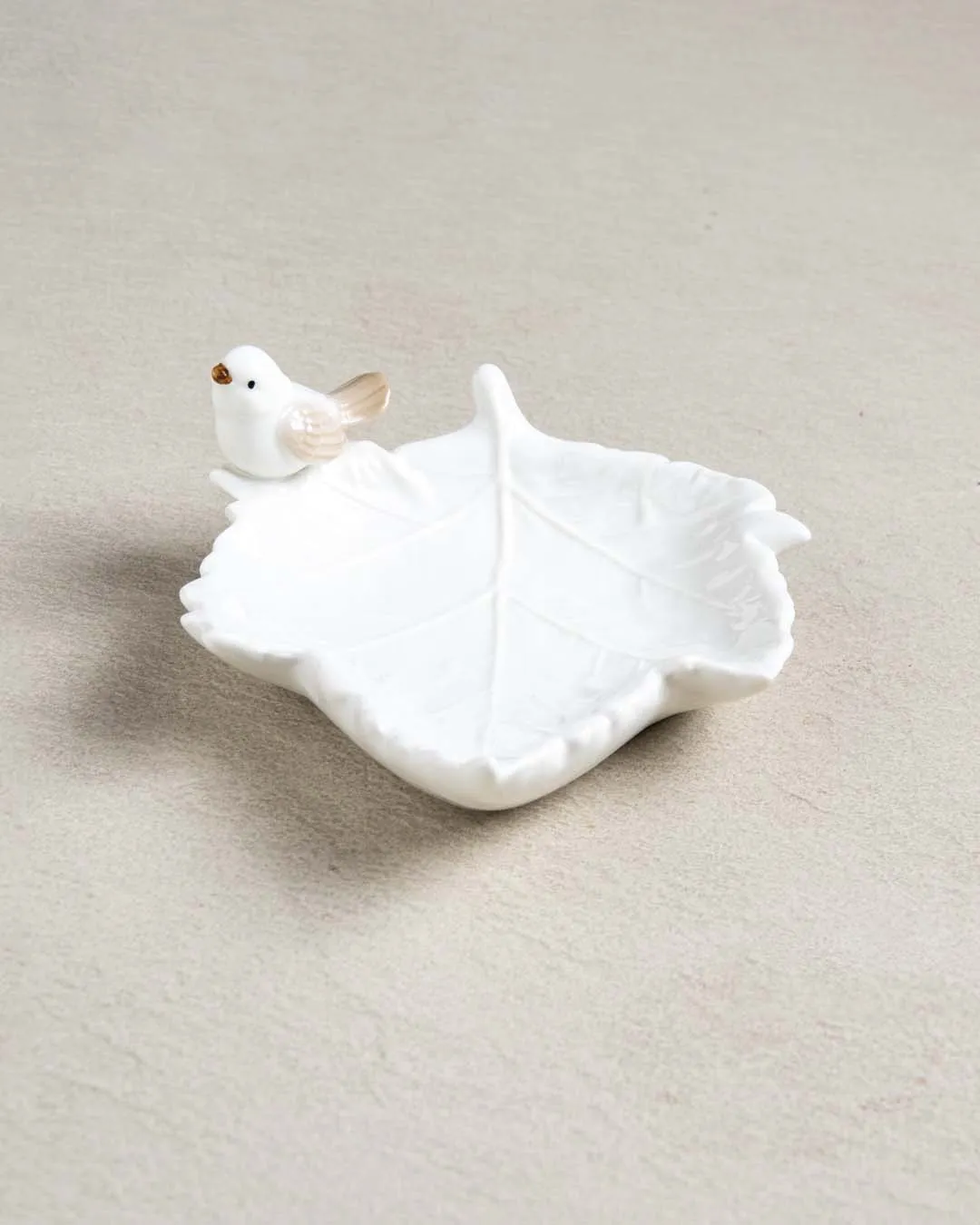 Bird on Maple Leaf Ring Dish - White