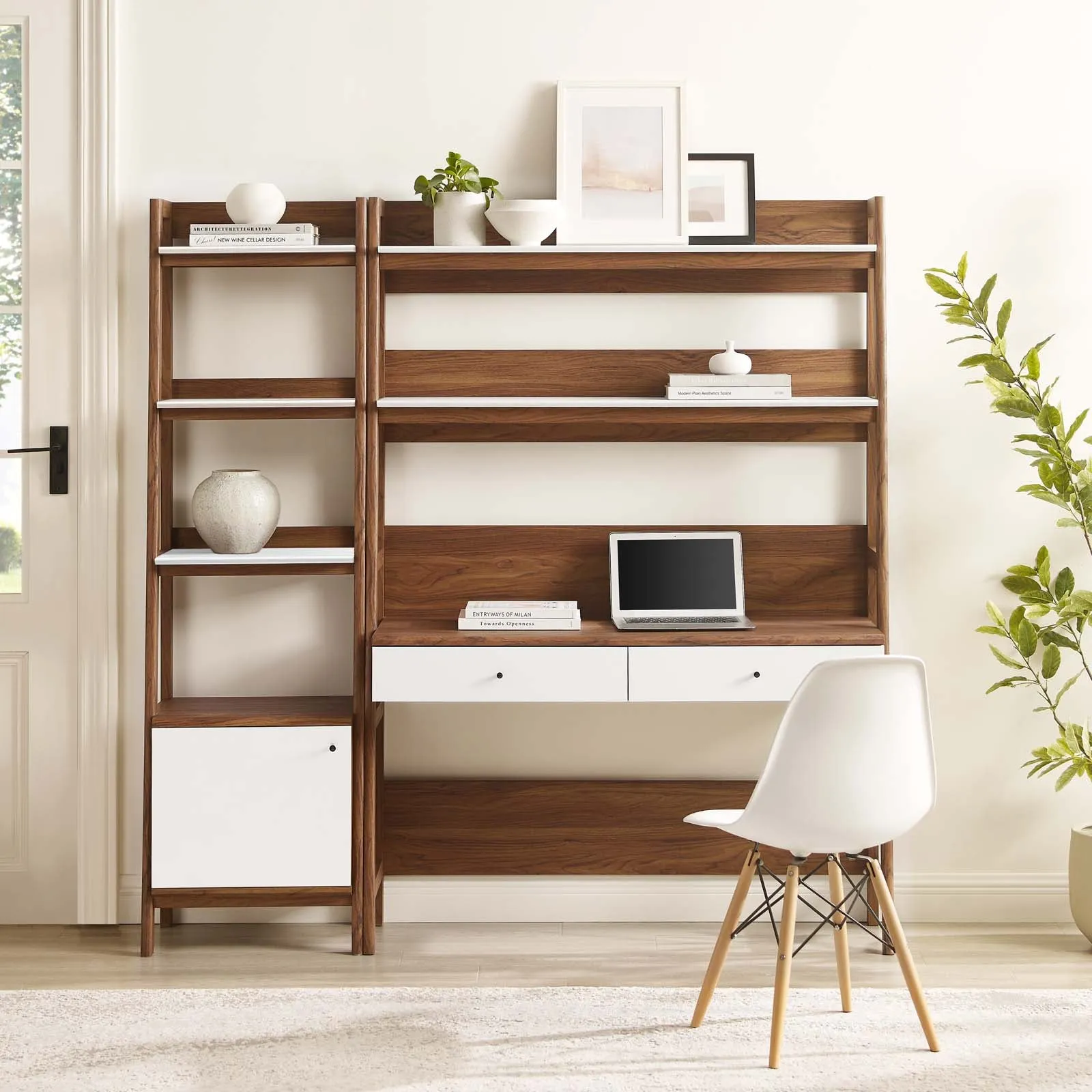 Bixby 2-Piece Wood Office Desk and Bookshelf Walnut White EEI-6111-WAL-WHI