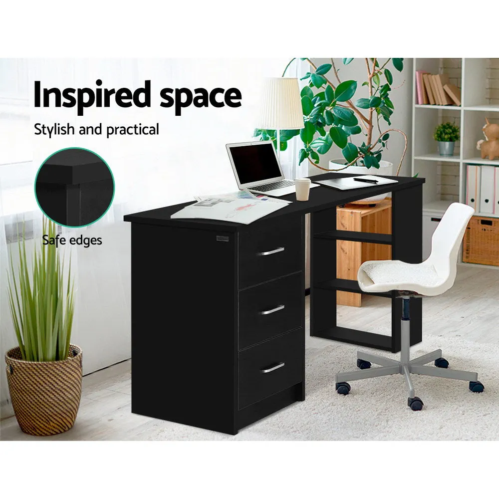 Black 3-Drawer Computer Desk with Shelves - Artiss