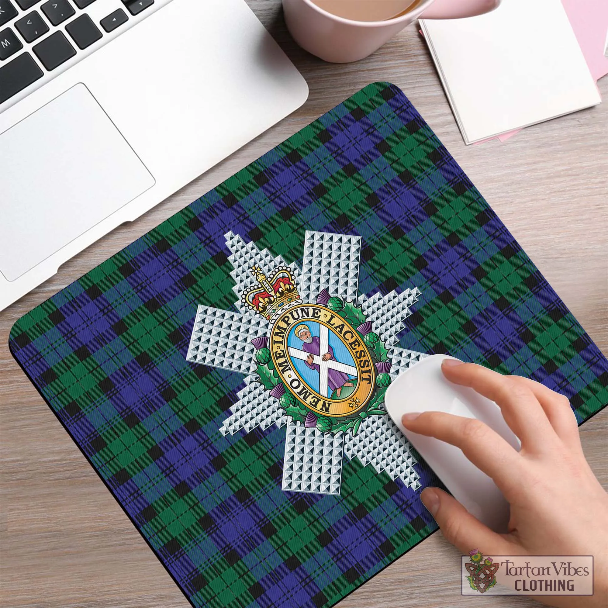 Black Watch Modern Tartan Mouse Pad with Family Crest