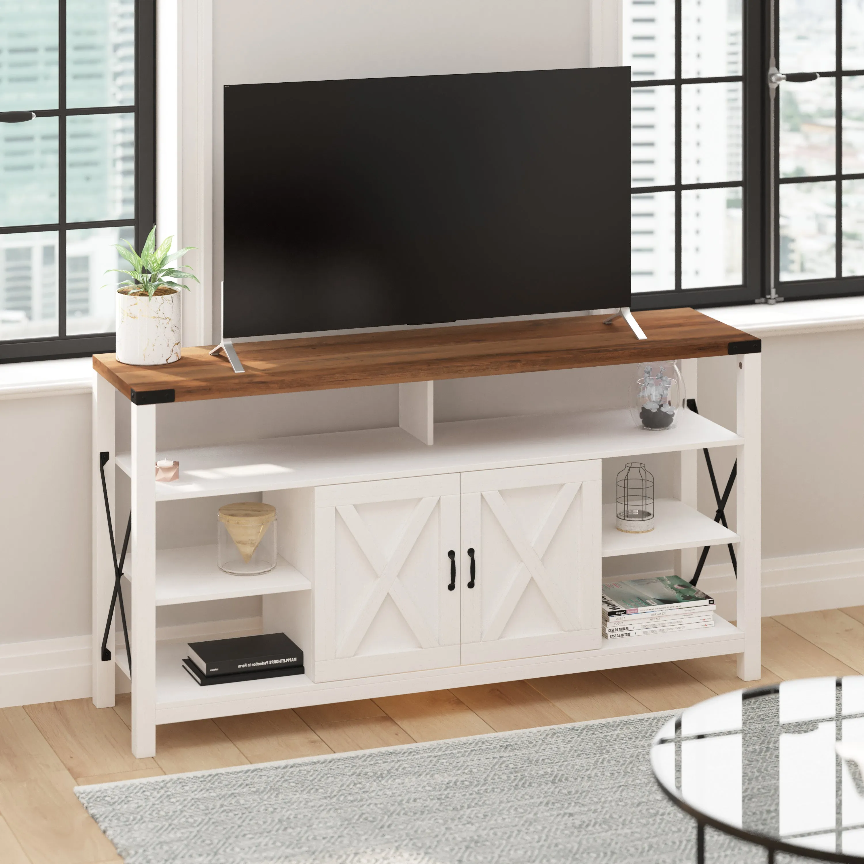 Brayden 60" Modern Farmhouse Media Console with Storage Cabinets and Shelving