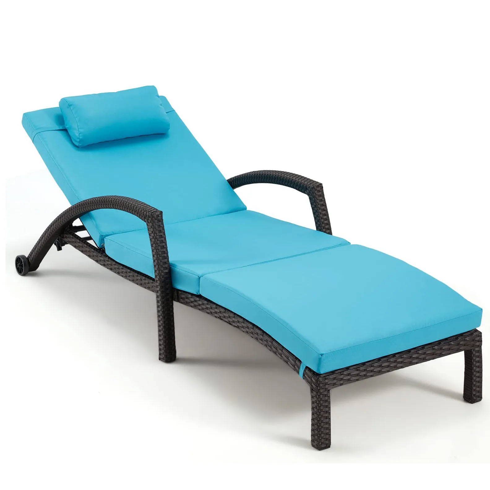 Chaise Lounge Chairs for Outside, PE Rattan Wicker Patio Pool Lounge Chair with Arm, Cushion for Poolside Beach (Restock on late June)