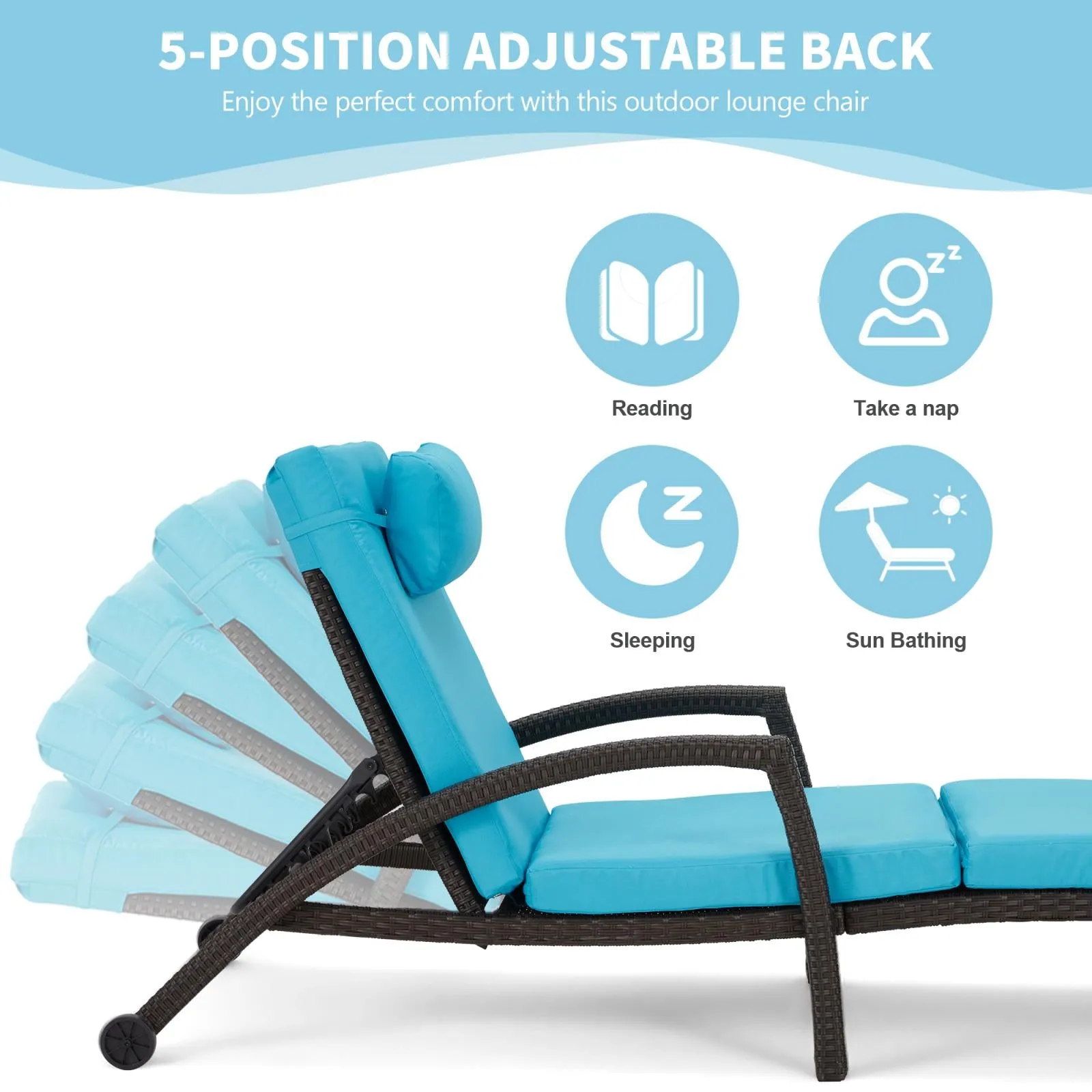 Chaise Lounge Chairs for Outside, PE Rattan Wicker Patio Pool Lounge Chair with Arm, Cushion for Poolside Beach (Restock on late June)