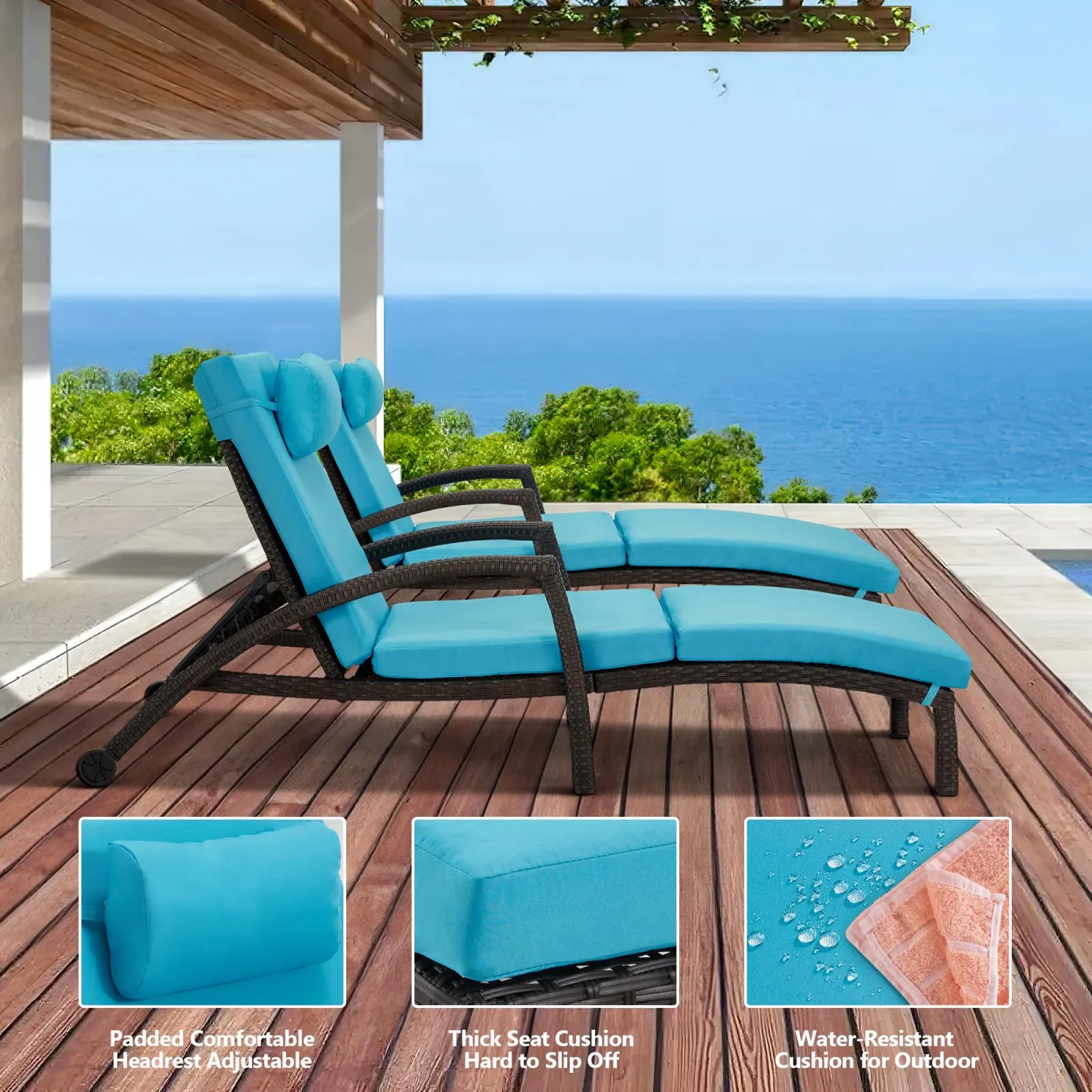 Chaise Lounge Chairs for Outside, PE Rattan Wicker Patio Pool Lounge Chair with Arm, Cushion for Poolside Beach (Restock on late June)