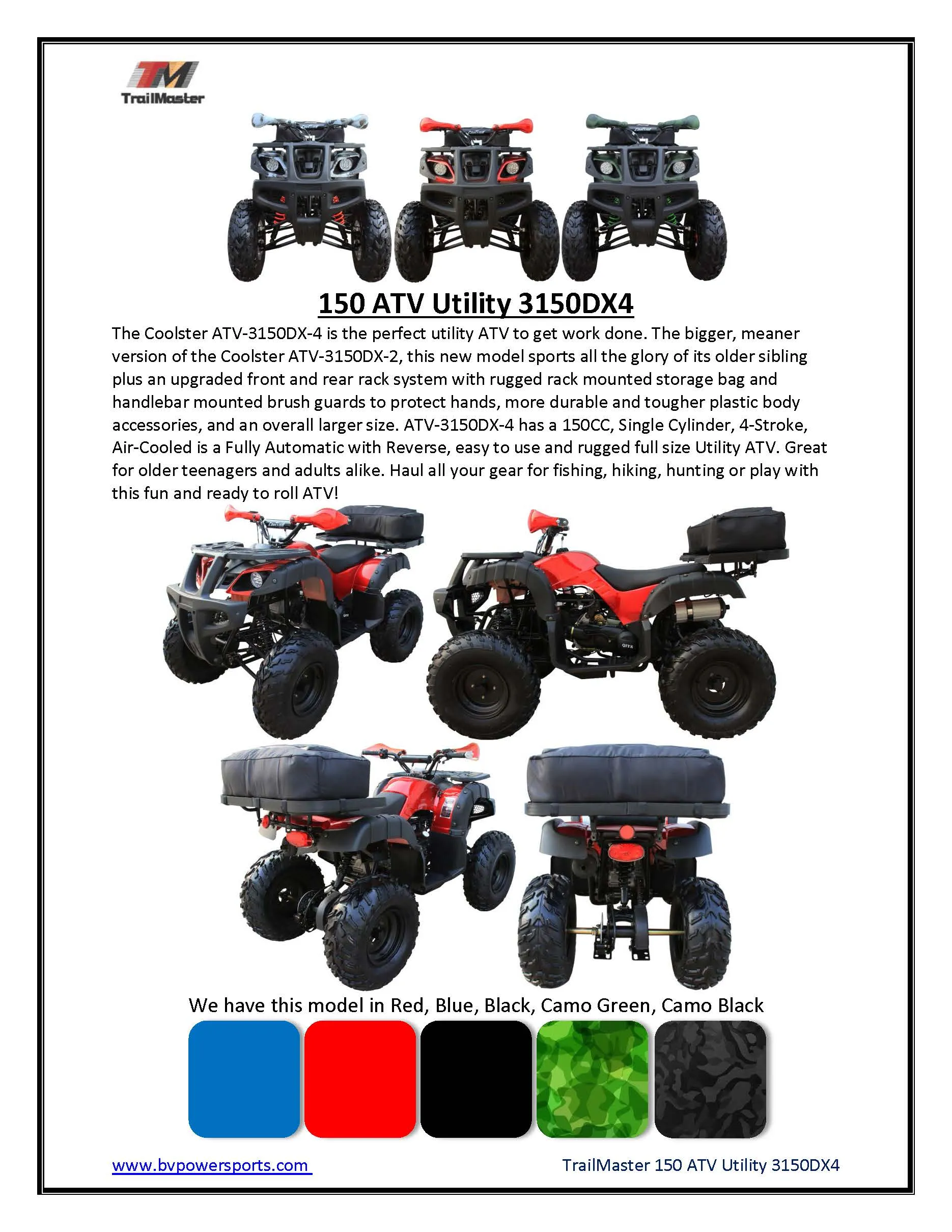 Coolster ATV 3150DX4, SPECIAL PRICING, Premium Adult ATV with Automatic transmission, reverse, Electric start, Upgraded Suspension