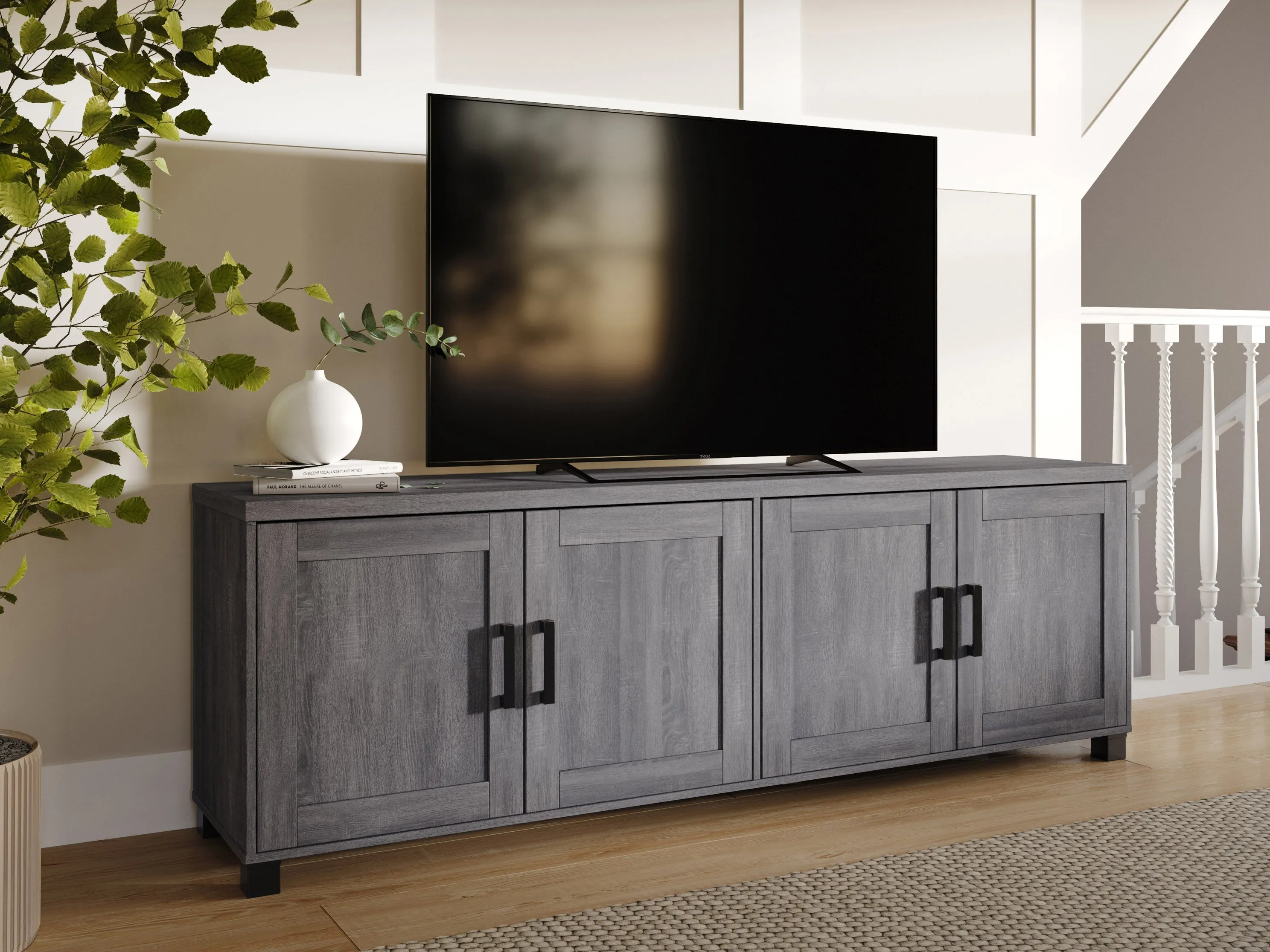 Dark Grey TV Stand with Doors, TVs up to 85"